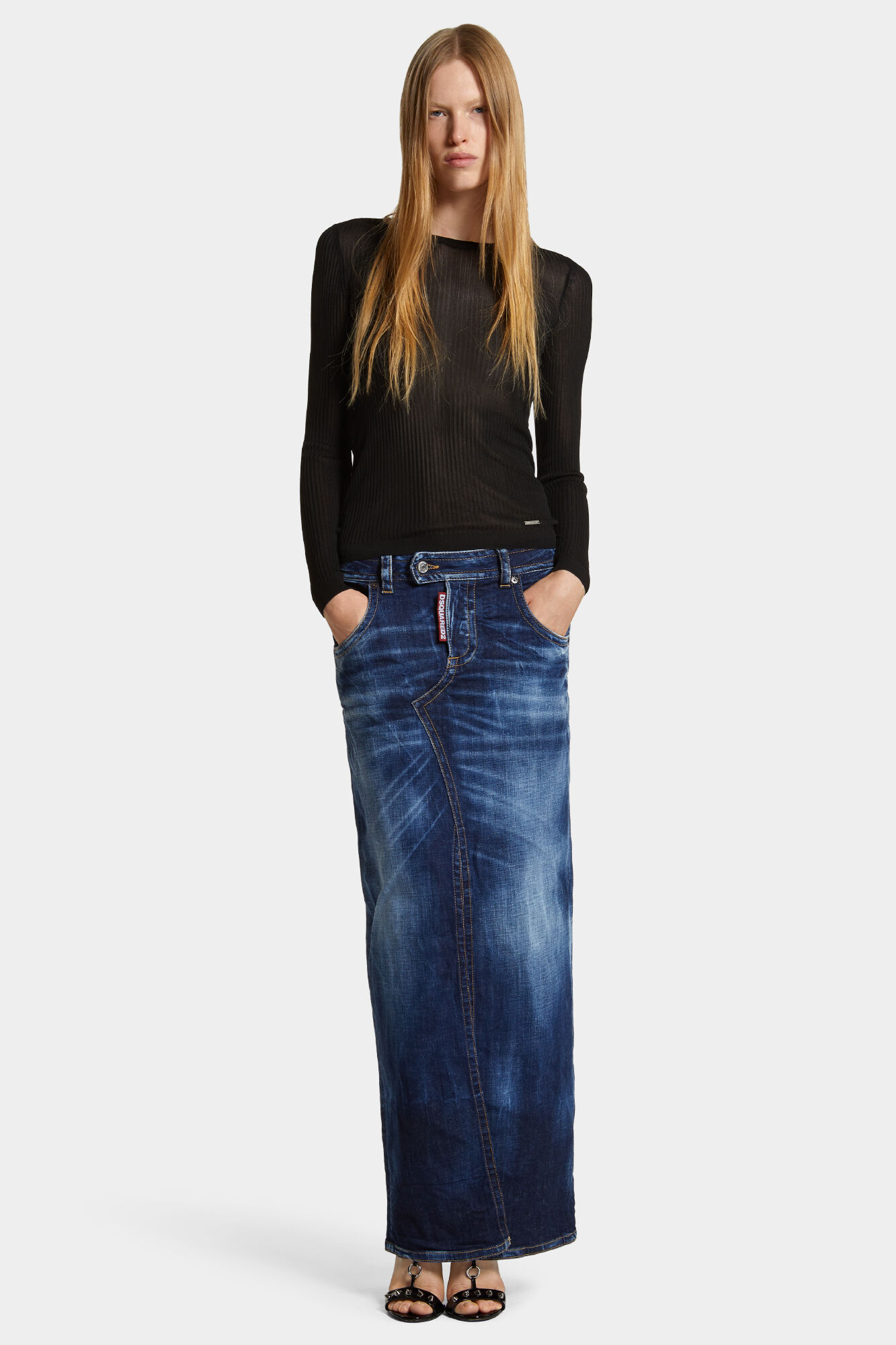 Medium Wash Front Split Jean Skirt
