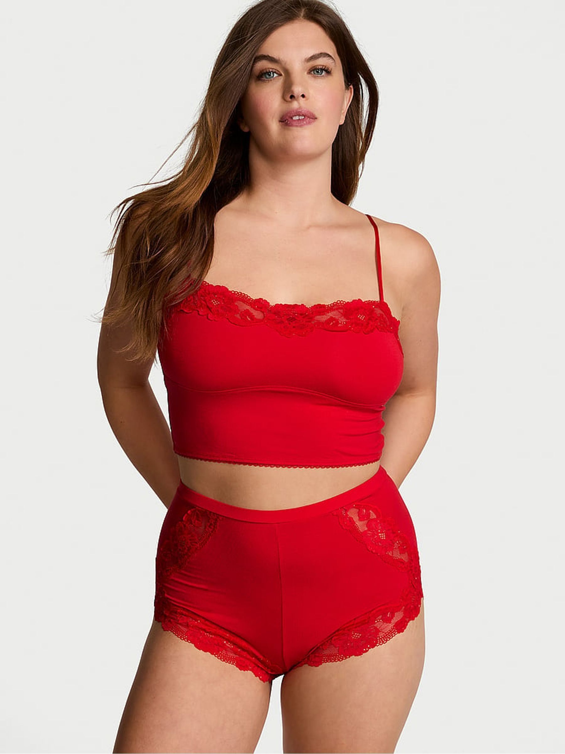 Lipstick Red Sequin Lace Straight Neck Modal Cami Set