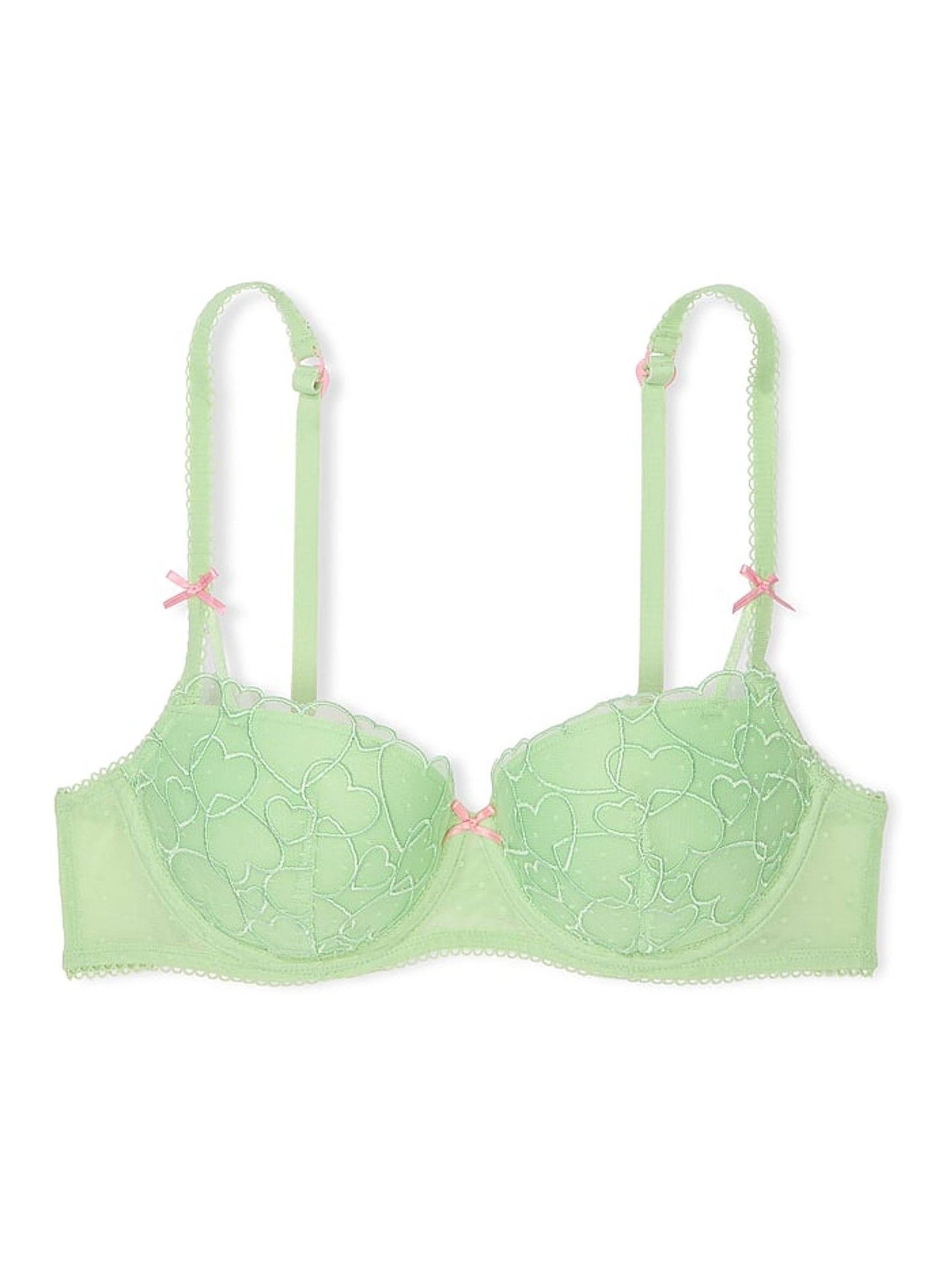 Pale Petal Green Push Up Heart Embroidery Balcony Bra