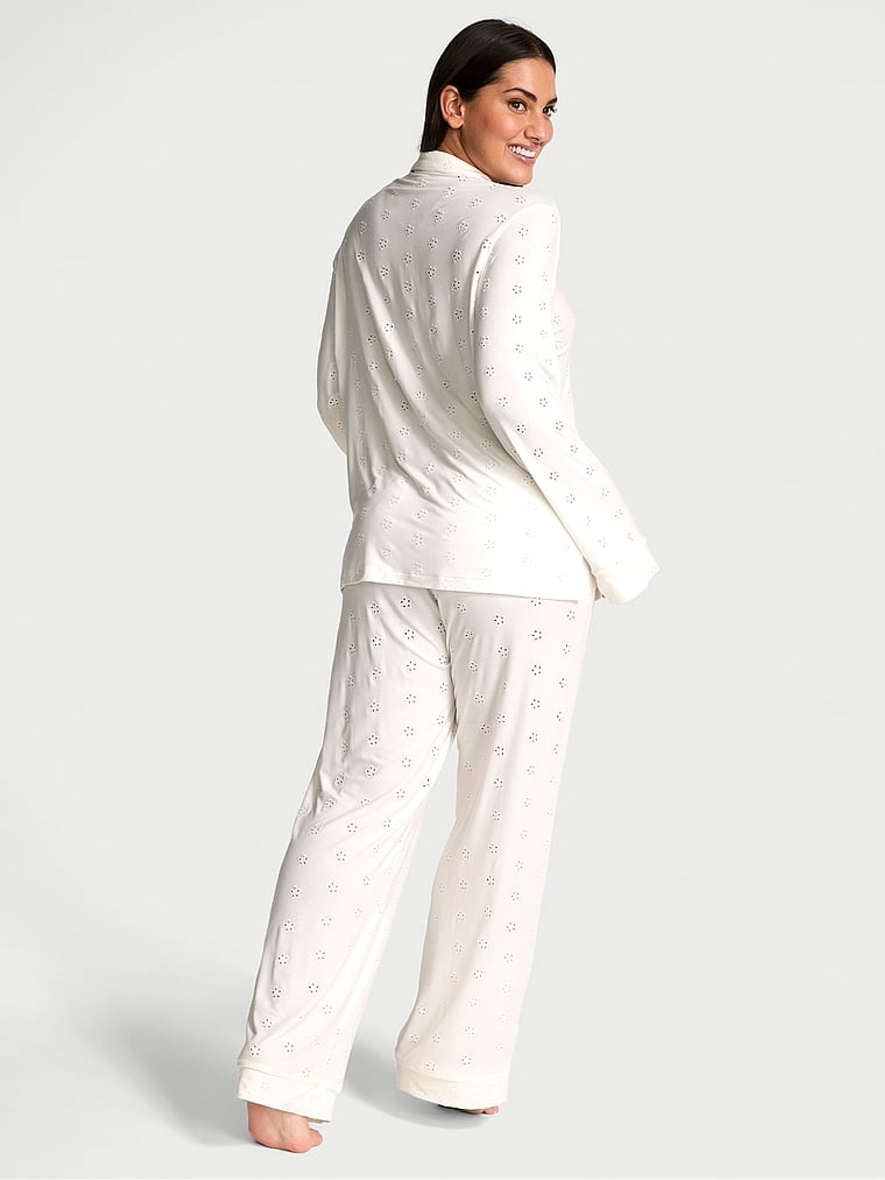 Coconut White Eyelet Modal Long Pyjama Set