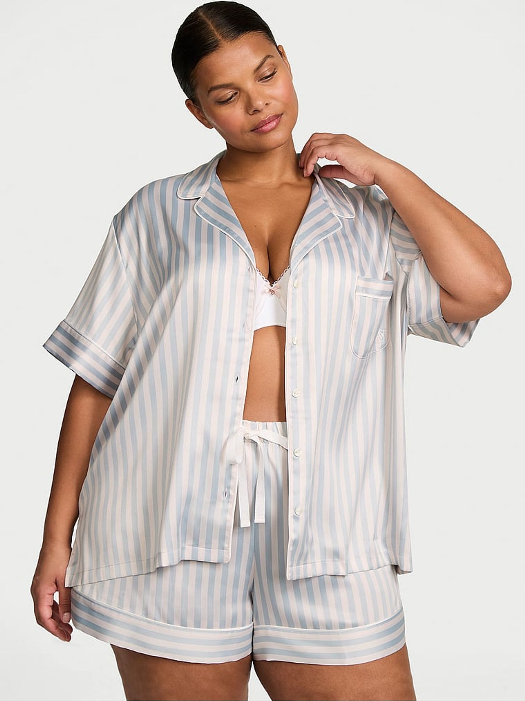 Grey Fog Stripe Satin Short Pyjama Set