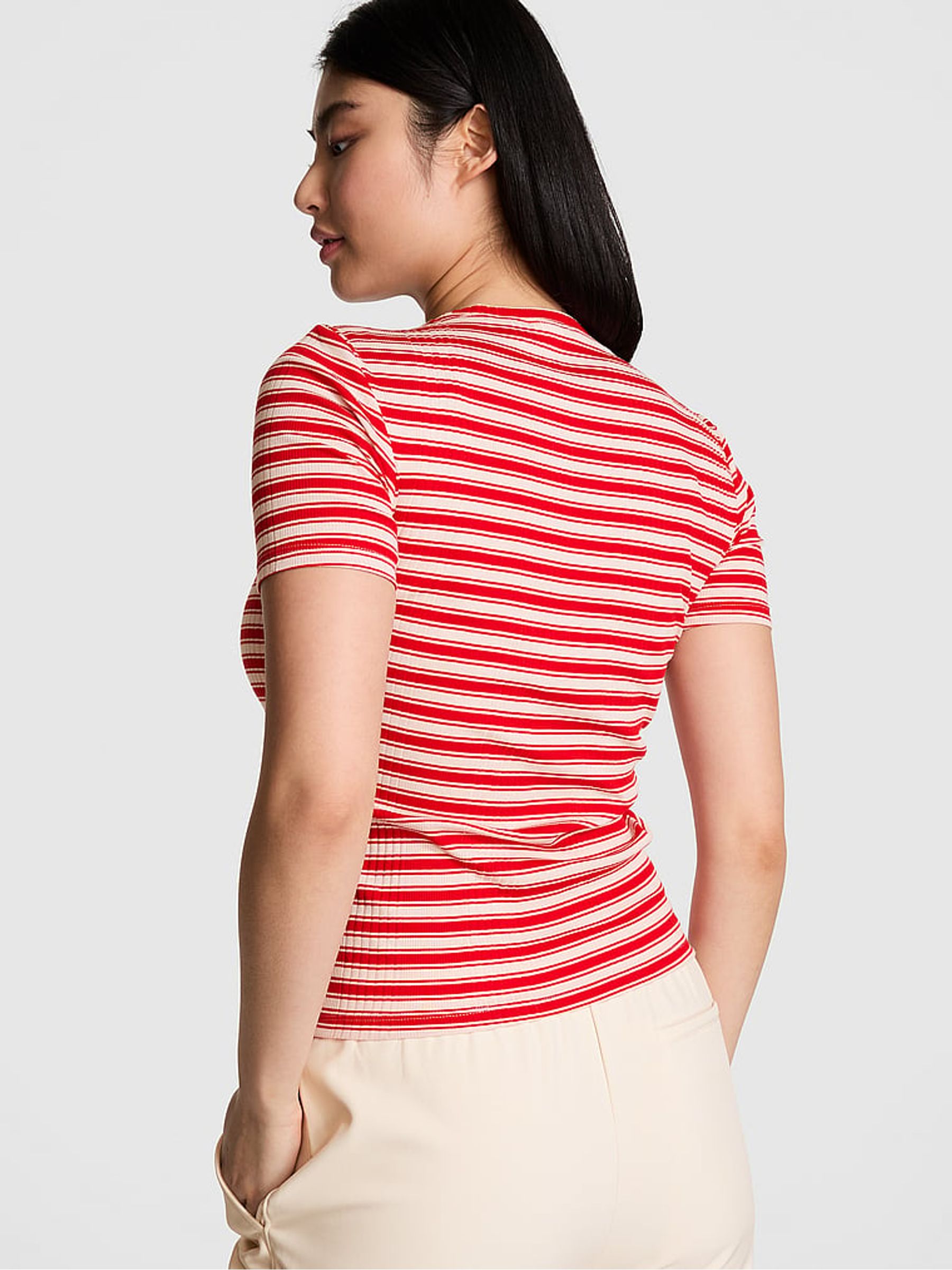 Red Pepper Stripe Ribbed Short Sleeve T-Shirt