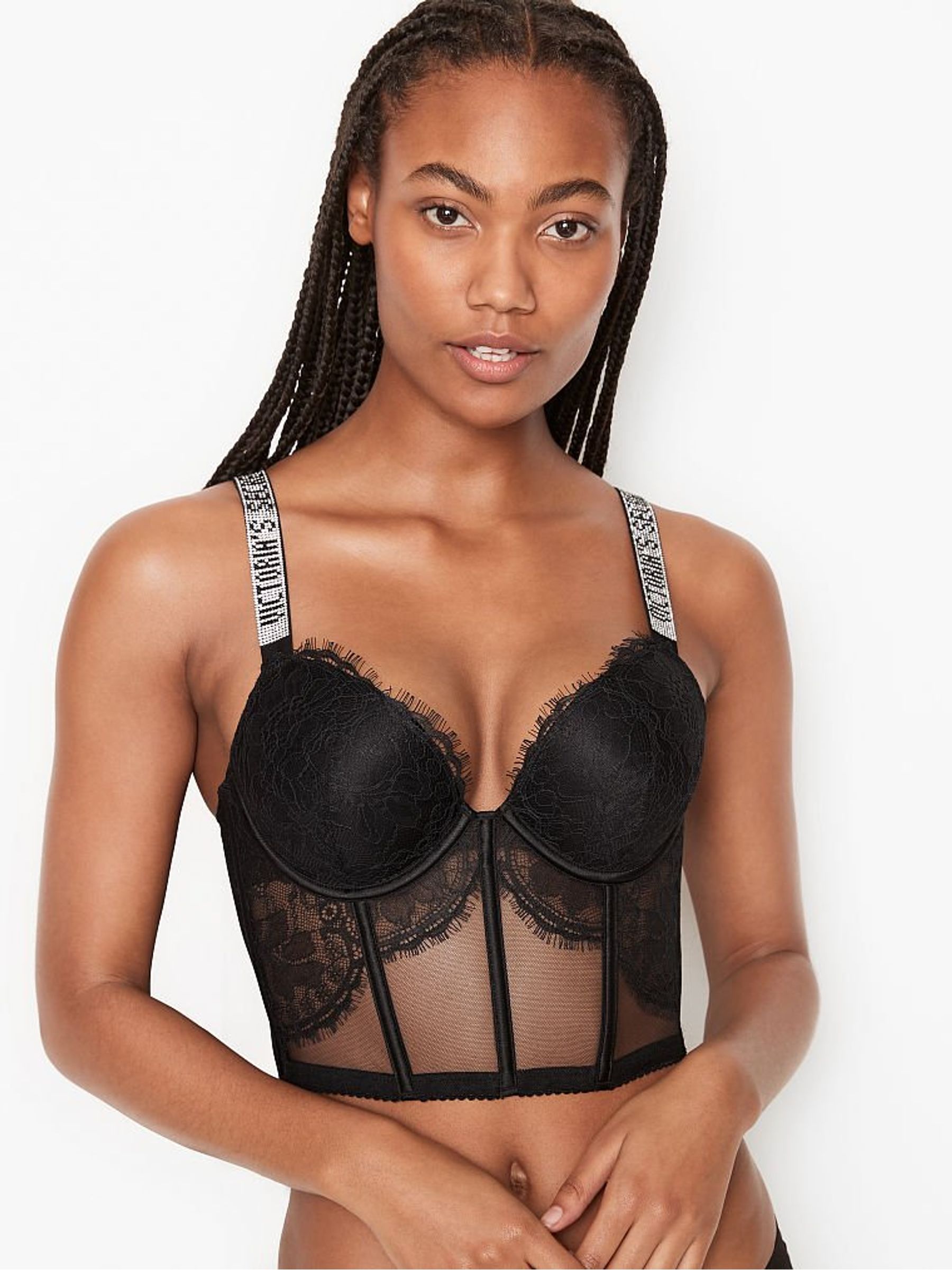 Black Lace Shine Strap Corset Bra Top