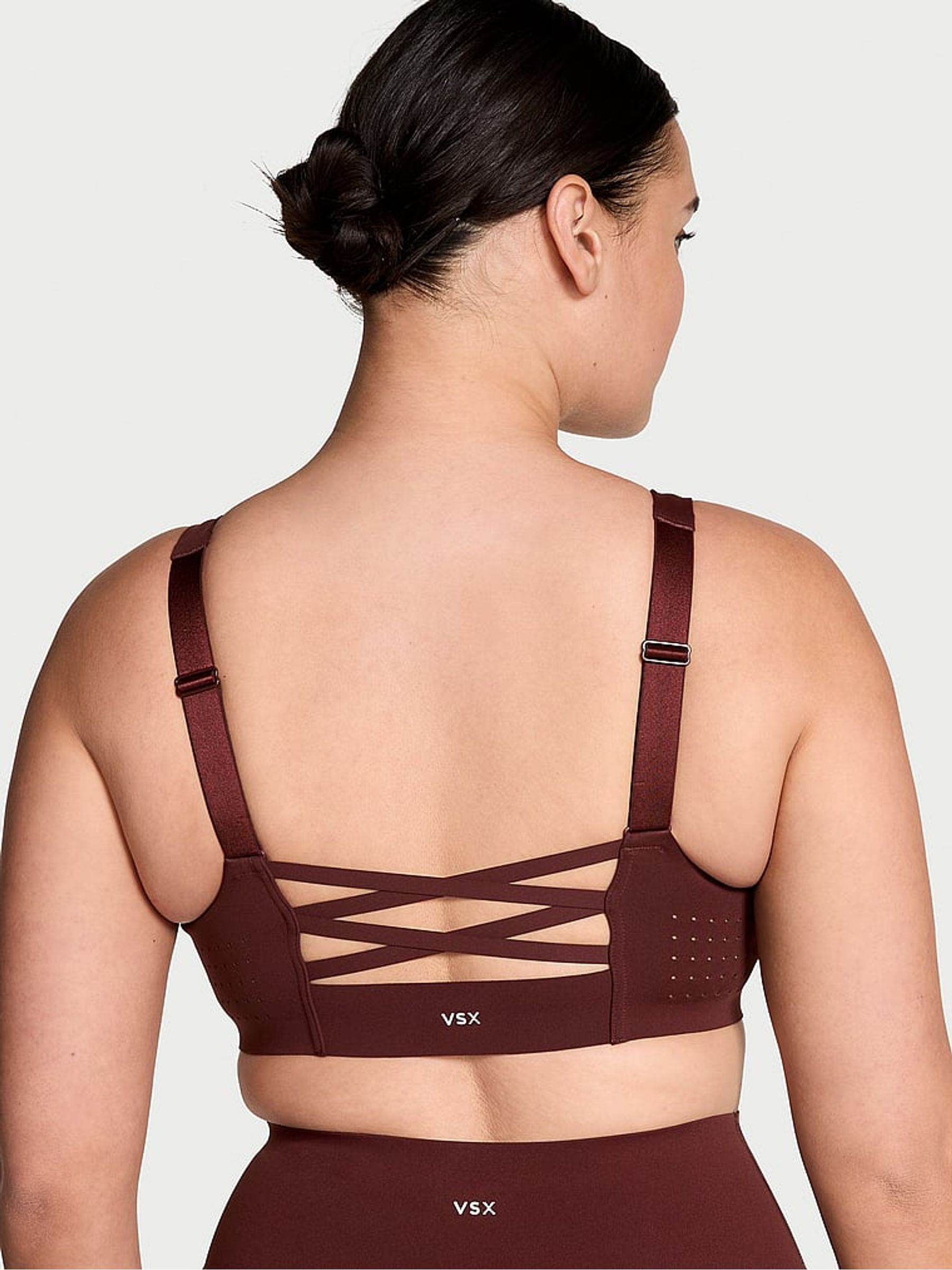 Burgundy Brown Strappy Back Front Close Featherweight Max High Support Sports Bra