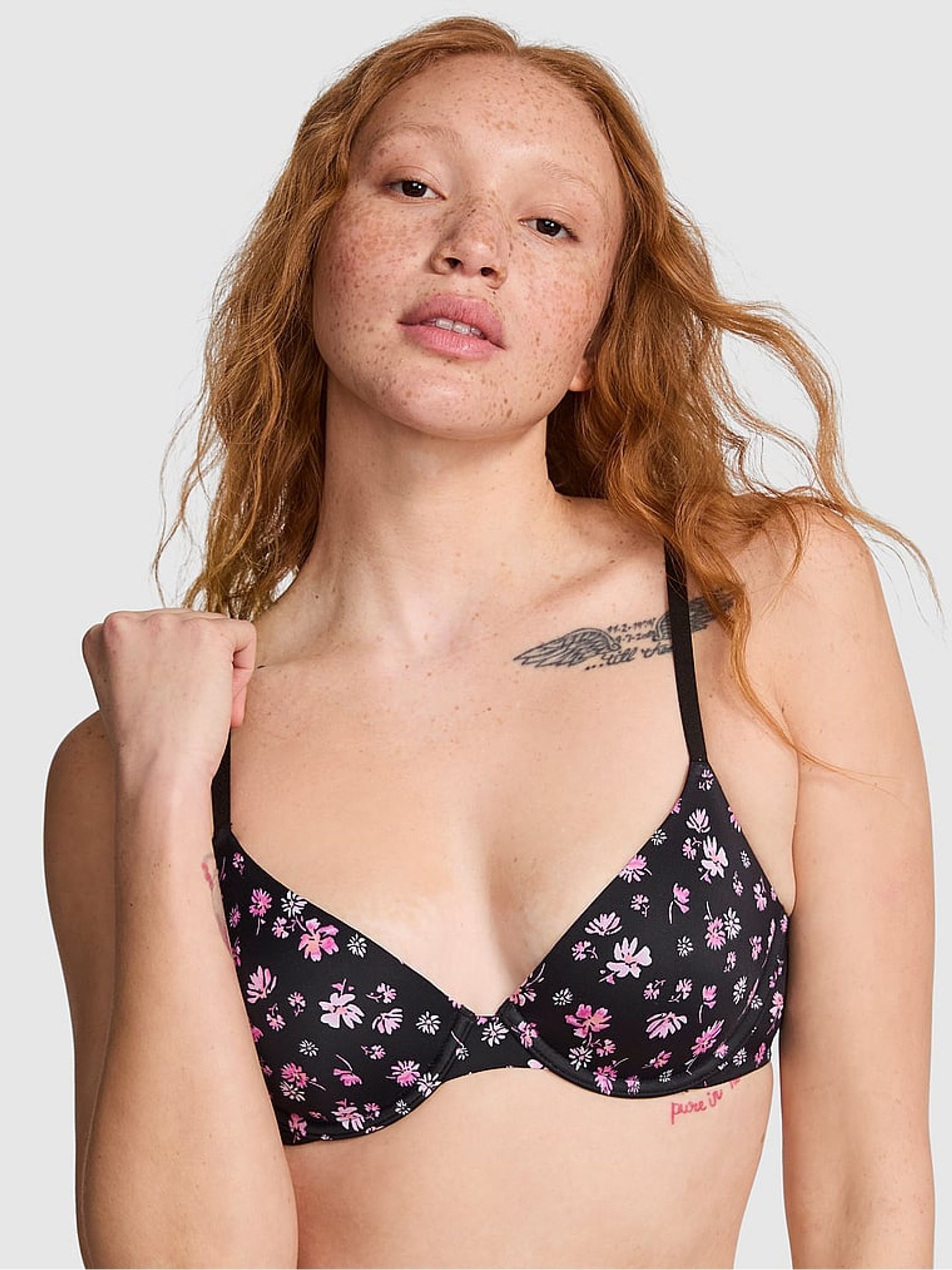 Black Floral Print T Shirt Bra