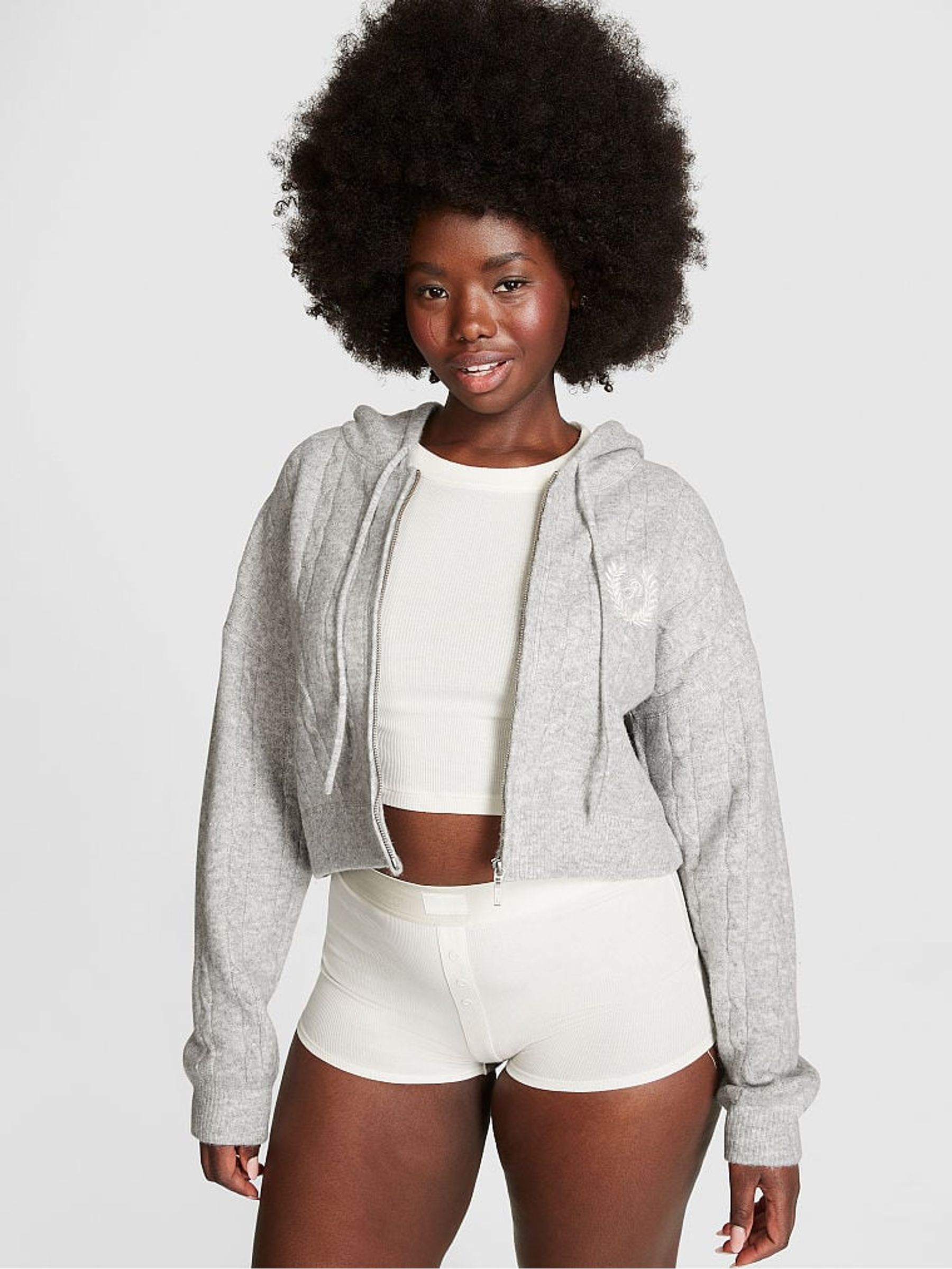 Grey Heather Full Zip Cable Knit Hoodie