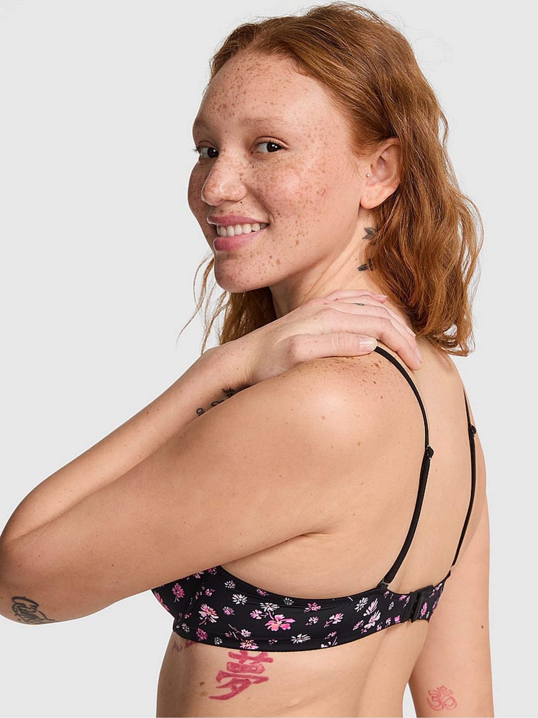 Black Floral Print T Shirt Bra