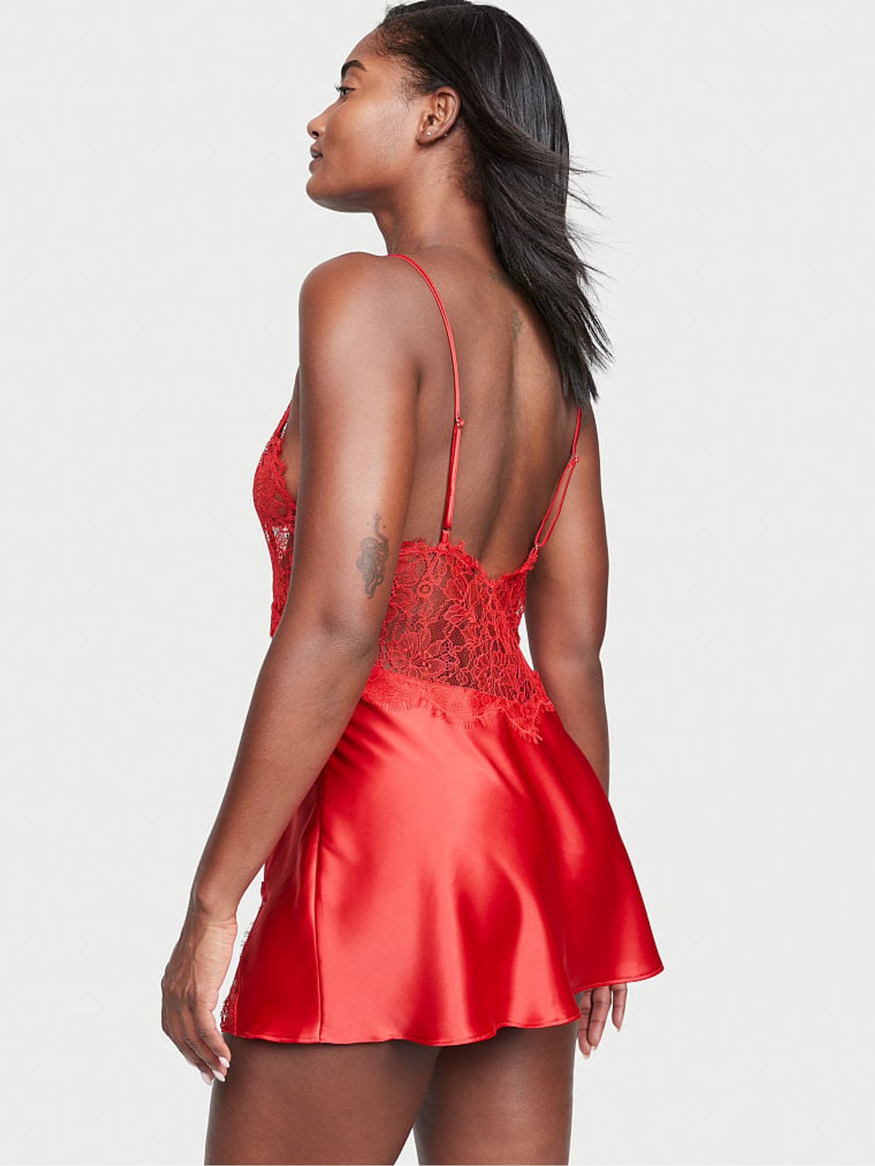 Lipstick Red Satin Lace Slip Dress