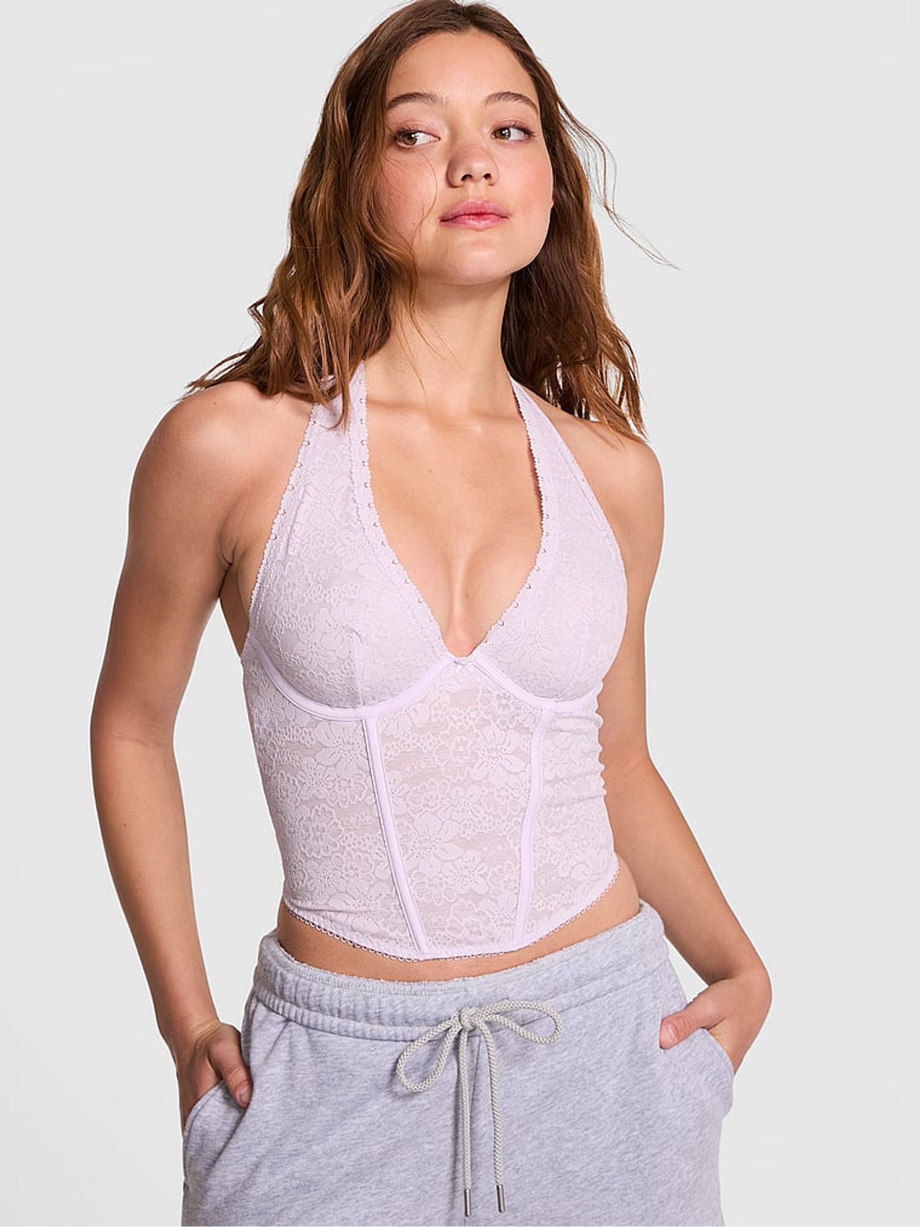 Purple Whisper Lace Halter Corset