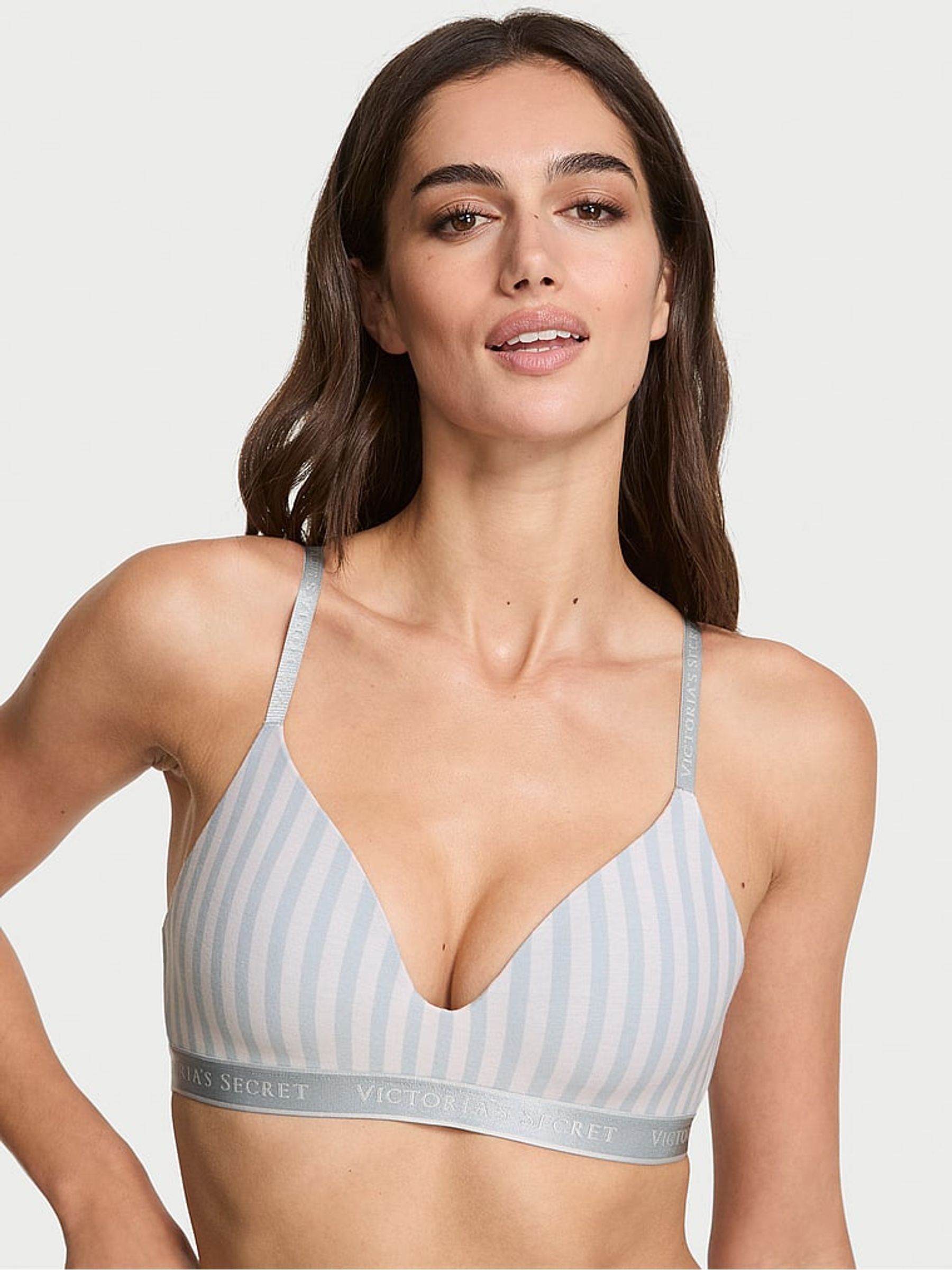 Grey Fog Stripe Non Wired Lightly Lined Cotton Logo Bra