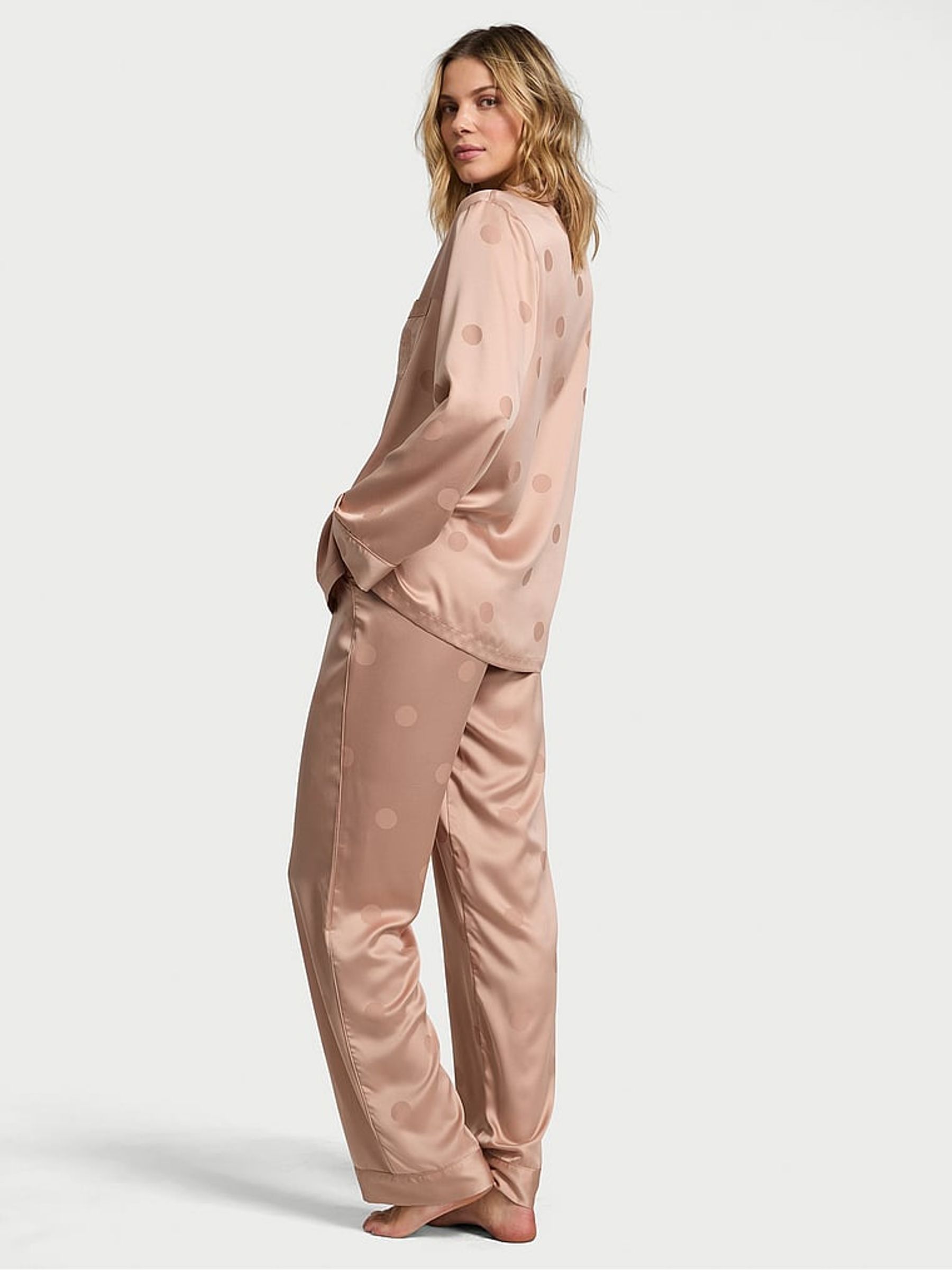 Macaron Jacquard Brown Satin Long Pyjama Set