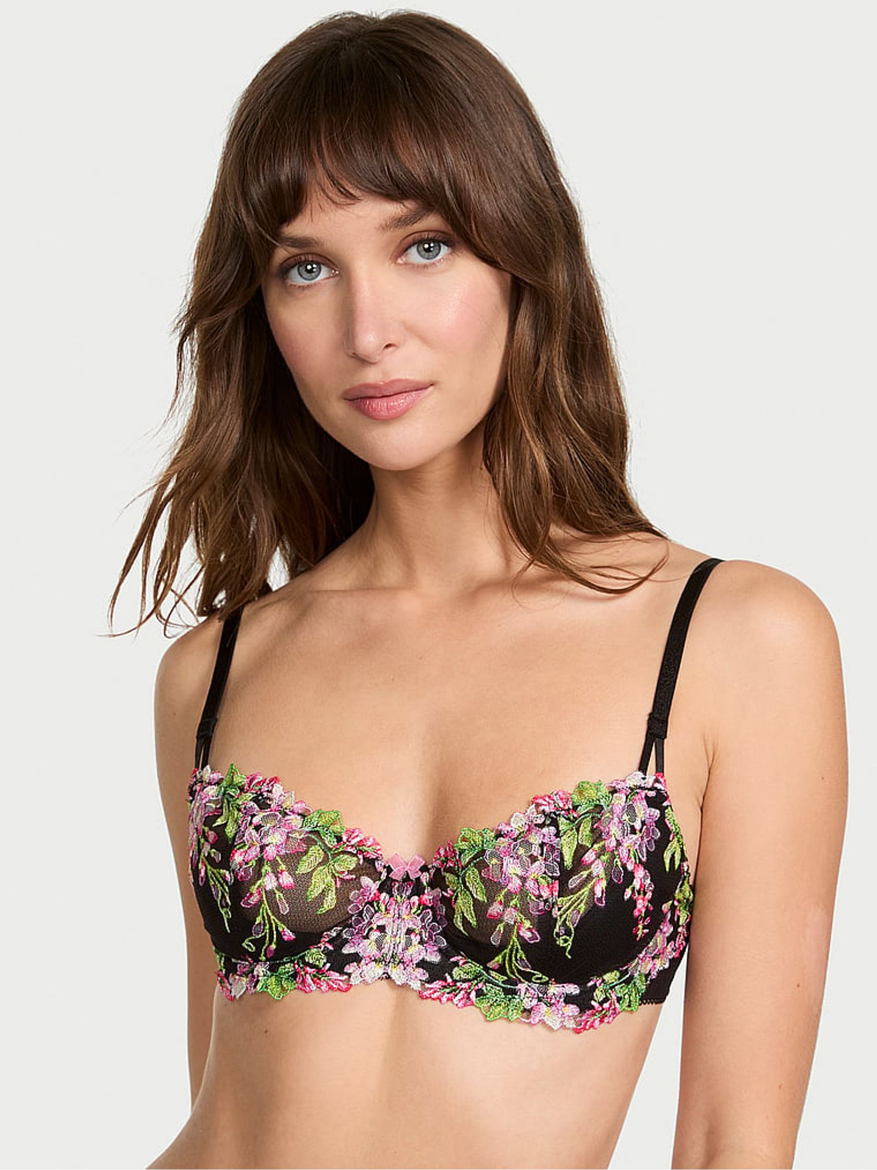 Black Unlined Balcony Wisteria Embroidery Bra
