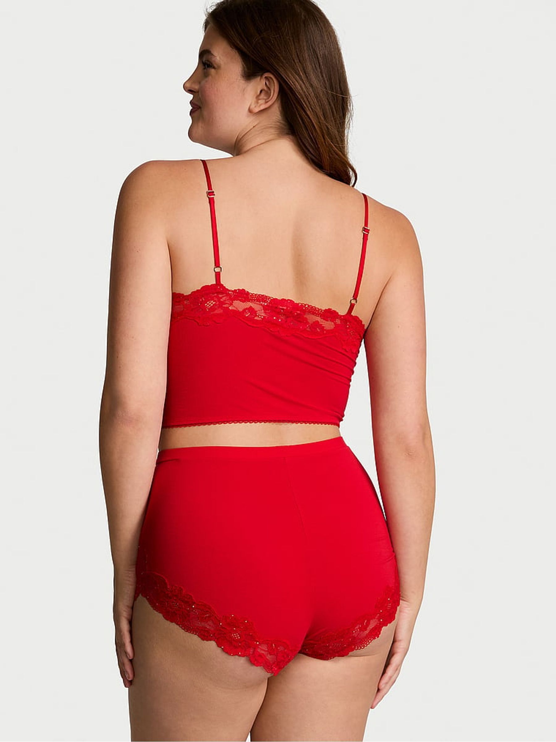 Lipstick Red Sequin Lace Straight Neck Modal Cami Set