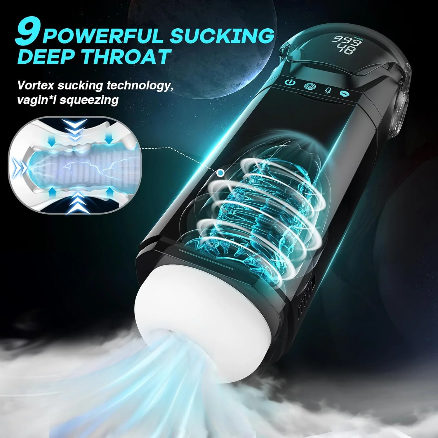 9IN1 Adjustable Helmet Throated Swallowing Male Masturbator with 9 Sucking & Thrusting & Vibrating (<50 dB)