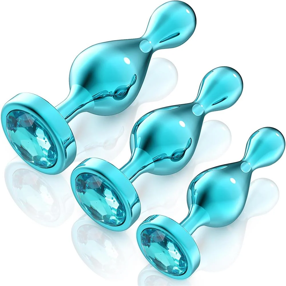 Exhibitionism, Flashing Jeweled Metal Butt Plug Set – 3 Teardrop-Shaped Sizes, Elegant Design & Velvet Bag